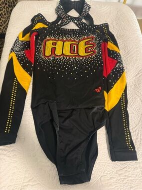Varsity Spirit ACE Rhinestone Cheer Bodysuit Uniform Black Red Gold YML